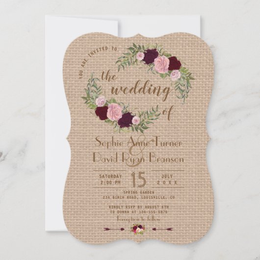 Invitation Rustique Marsala Aquarelle Floral Burlap Mariage (Devant)