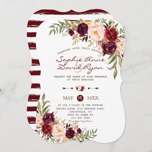 Invitation Rustique Marsala Floral Burgundy Stripes Mariage (Devant / Derrière)