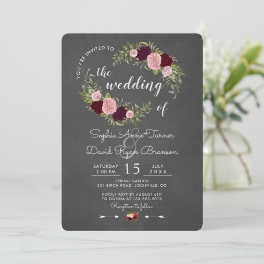 Invitation Rustique Marsala Floral Chalkboard Mariage (Debout devant)
