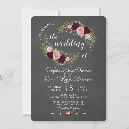 Invitation Rustique Marsala Floral Chalkboard Mariage (Devant)