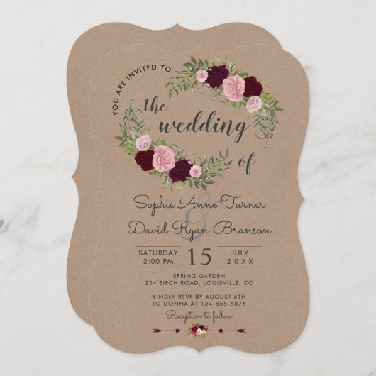 Invitation Rustique Marsala Floral Mariage de papier d'artisa (Devant / Derrière)