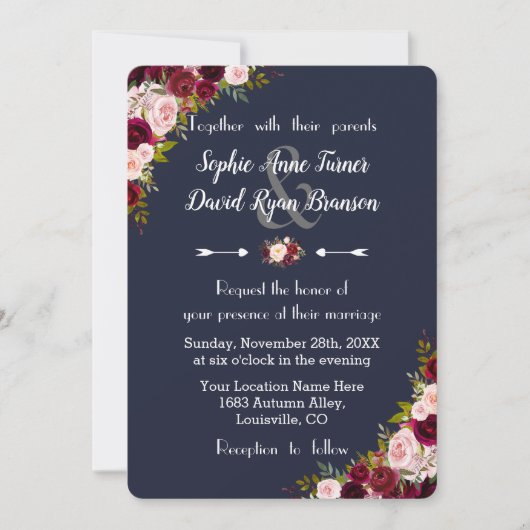 Invitation Rustique Marsala Floral Marine Mariage bleu (Devant)