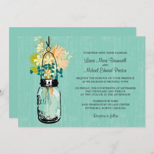 Invitation Rustique Mason Jar et Fleur sauvage (Devant / Derrière)