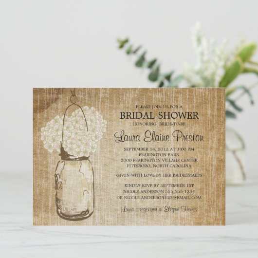 Invitation Rustique Mason Jar et Hydrangeas (Debout devant)