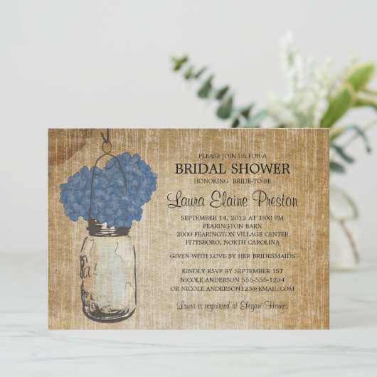Invitation Rustique Mason Jar et Hydrangeas (Debout devant)