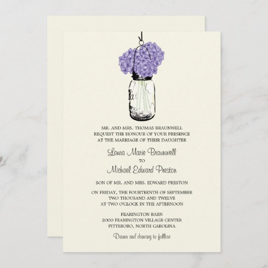 Invitation Rustique Mason Jar et Mariage Hydrangeas (Devant / Derrière)