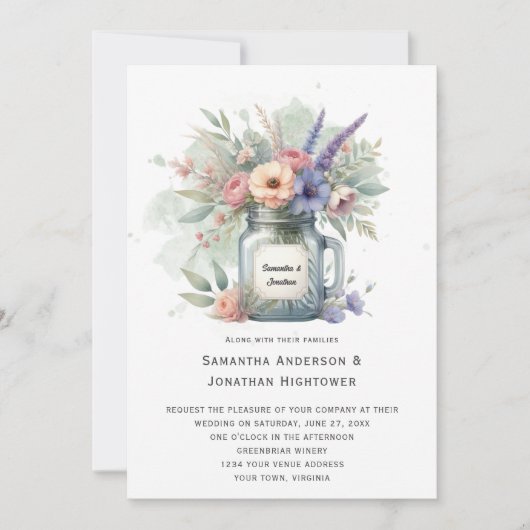 Invitation Rustique Mason Jar Floral Bouquet Mariage | (Devant)