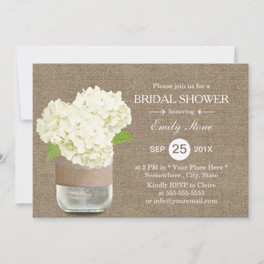 Invitation Rustique Mason Jar & Hydrangea Burlap Fête des mar (Devant)