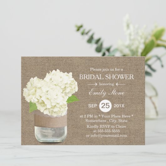 Invitation Rustique Mason Jar & Hydrangea Burlap Fête des mar (Debout devant)