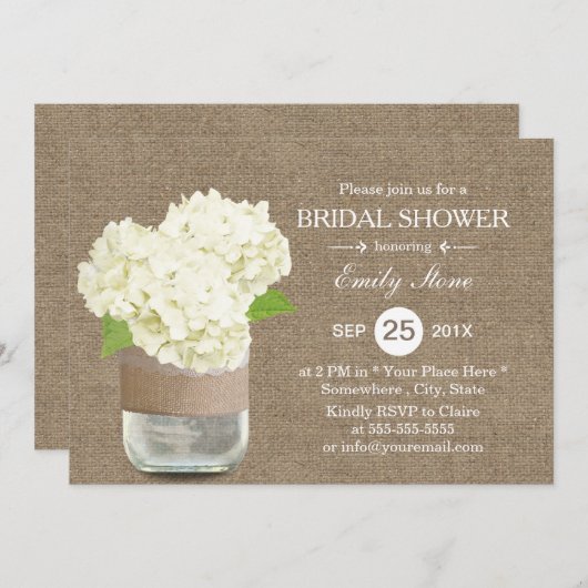 Invitation Rustique Mason Jar & Hydrangea Burlap Fête des mar (Devant / Derrière)