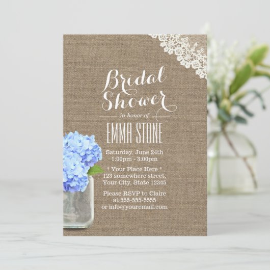Invitation Rustique Mason Jar Hydrangea Fête des mariées Burl (Debout devant)