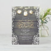 Invitation Rustique Mason Jar Lights Mariage en bois et dente (Debout devant)
