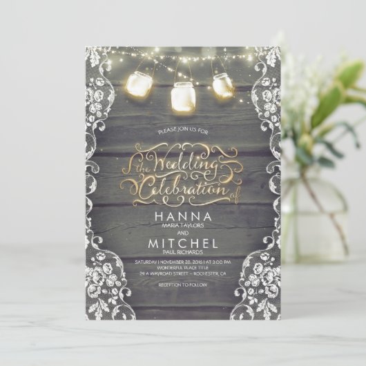 Invitation Rustique Mason Jar Lights Mariage en bois et dente (Debout devant)