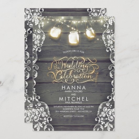 Invitation Rustique Mason Jar Lights Mariage en bois et dente (Devant / Derrière)