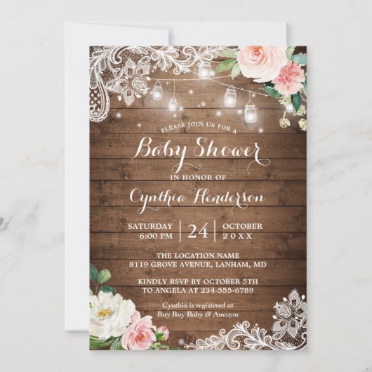 Invitation Rustique Mason Jar Lumières dentelle Baby shower F (Devant)