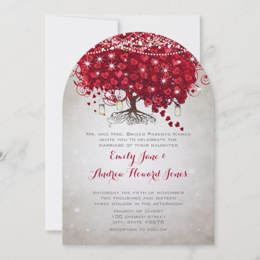 Invitation Rustique Mason Jar Red Tree Brown Mariage de tronc (Devant)