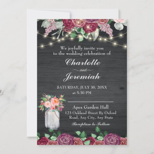 Invitation Rustique Mason Jar String éclat Mariage Bourgogne (Devant)