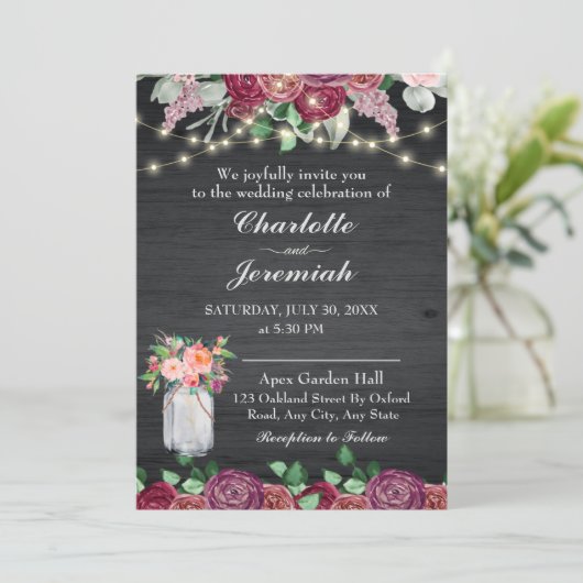 Invitation Rustique Mason Jar String éclat Mariage Bourgogne (Debout devant)