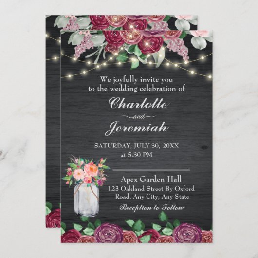 Invitation Rustique Mason Jar String éclat Mariage Bourgogne (Devant / Derrière)