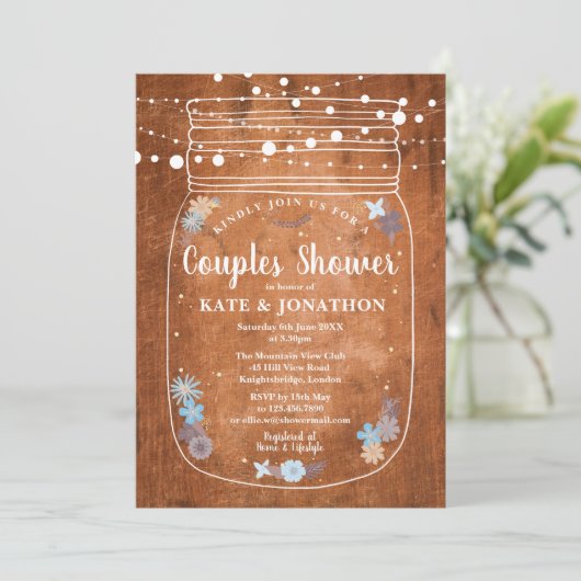 Invitation Rustique Mason Jar String Lumières Couples Douche (Debout devant)