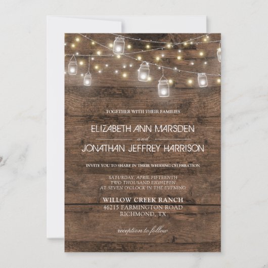 Invitation Rustique Mason Jars Éclairage à cordes Mariage élé (Devant)