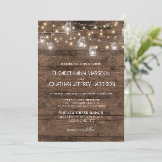 Invitation Rustique Mason Jars Éclairage à cordes Mariage élé (Debout devant)
