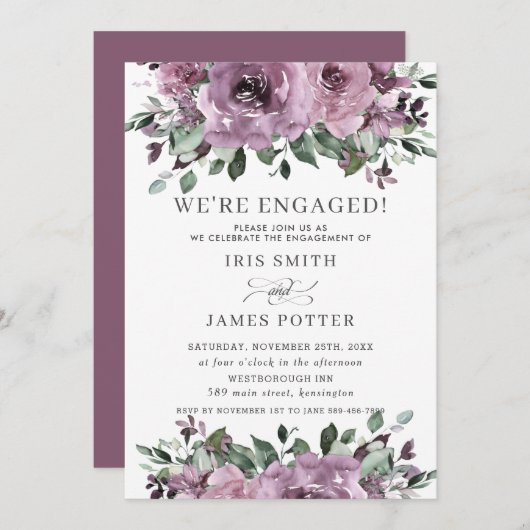Invitation Rustique Mauve Plum violet Floral (Devant / Derrière)