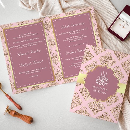 Invitation Rustique Mauve rose or Damask Mariage musulman