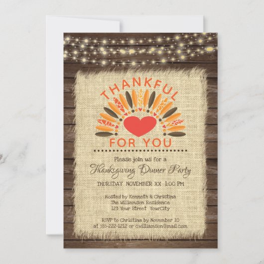 Invitation Rustique MERCI POUR VOUS Dîner Thanksgiving (Devant)