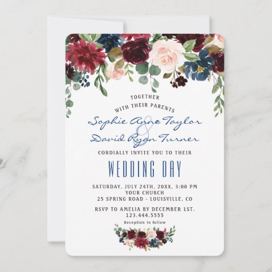 Invitation Rustique Merlot Marine bleu Blush Floral Mariage (Devant)