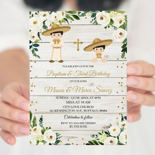 Invitation Rustique Mexicain Twin Boy Baptême et troisième an