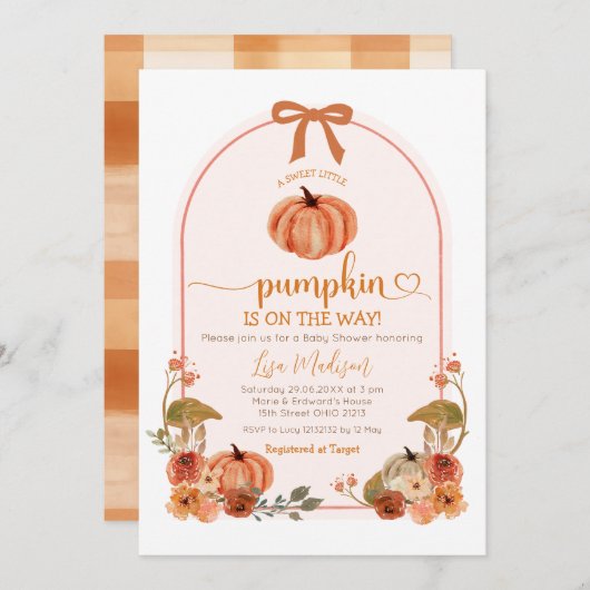 Invitation Rustique mignon Bow Petit Baby shower Citrouille (Devant / Derrière)