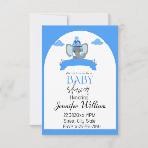Invitation Rustique minimaliste Blue Elephant Baby shower gar