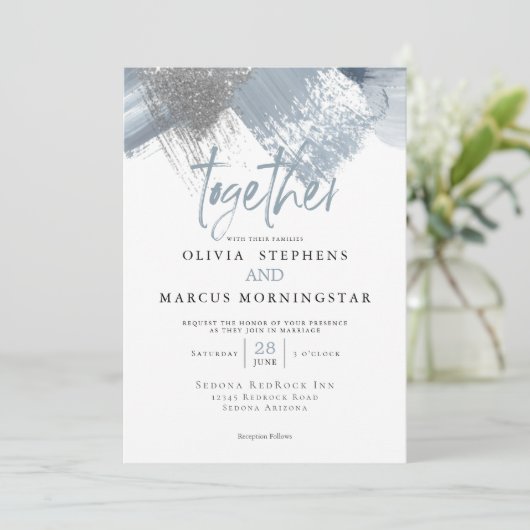 Invitation Rustique Moderne Chic Dusty Bleu Brushstrokies (Debout devant)