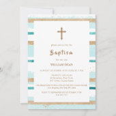 Invitation Rustique moderne Gold Stripe Cross Boy Baptême gar (Devant)
