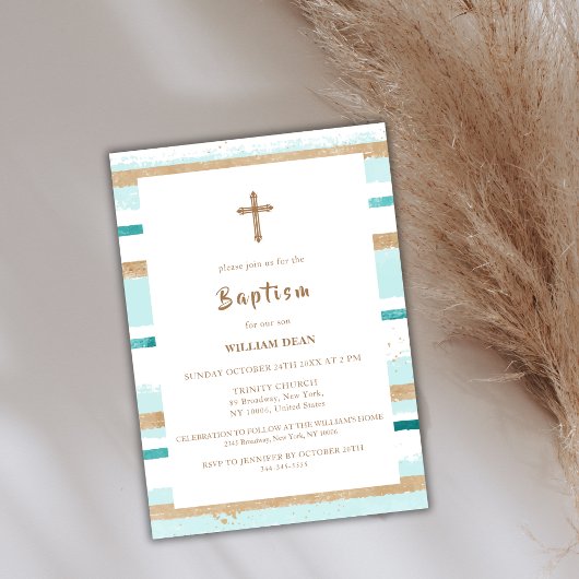 Invitation Rustique moderne Gold Stripe Cross Boy Baptême gar