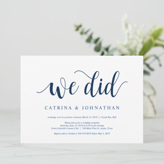 Invitation Rustique moderne, scénario bleu marine, Elopement  (Debout devant)