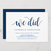 Invitation Rustique moderne, scénario bleu marine, Elopement  (Devant / Derrière)