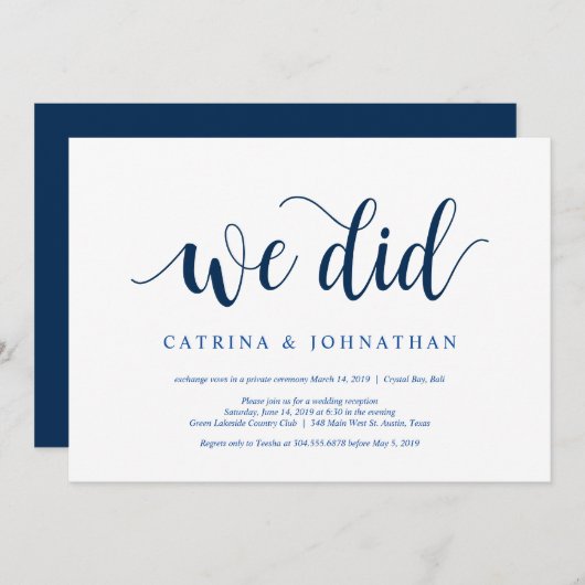 Invitation Rustique moderne, scénario bleu marine, Elopement  (Devant / Derrière)