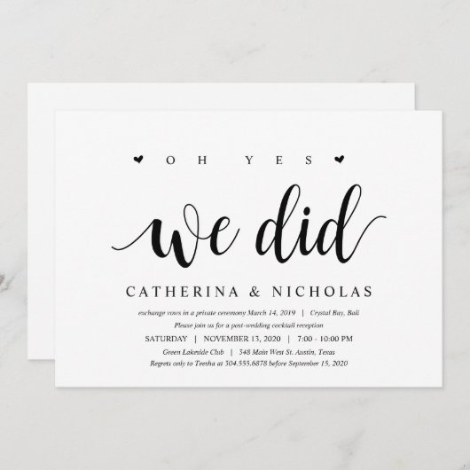 Invitation Rustique moderne, Script noir, Elopement Mariage (Devant / Derrière)
