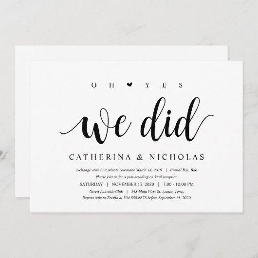 Invitation Rustique moderne, Script noir, Elopement Mariage (Devant / Derrière)