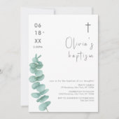 Invitation Rustique Moderne Verdure Eucalyptus Cross Baptême (Devant)