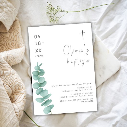 Invitation Rustique Moderne Verdure Eucalyptus Cross Baptême