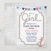 Invitation Rustique Nautique bébé fille douche Rose or Ancre (Devant / Derrière)