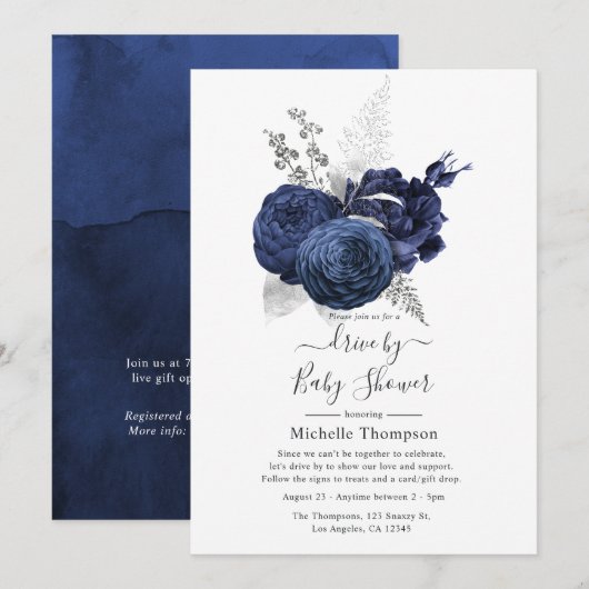 Invitation Rustique Navy & Faux Paillettes Argent Drive By Sh (Devant / Derrière)