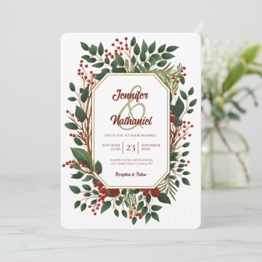 Invitation Rustique Noël Foliage Bois Mariage festif (Debout devant)