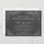 Invitation Rustique noir Chalkboard Vineyard Wedding shower<br><div class="desc">Cette carte d'invitation wedding shower formelle au design vintage de style étiquette de vin. Des croquis rustiques à la craie dessinés à la main de feuilles de raisins encadrent les détails importants. Une conception simple et florissante avec la date de l'événement apparaît à l'envers. Blanc doux / gris sur un...</div>