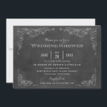 Invitation Rustique noir Chalkboard Vineyard Wedding shower<br><div class="desc">Cette carte d'invitation wedding shower formelle au design vintage de style étiquette de vin. Des croquis rustiques à la craie dessinés à la main de feuilles de raisins encadrent les détails importants. Une conception simple et florissante avec la date de l'événement apparaît à l'envers. Blanc doux / gris sur un...</div>