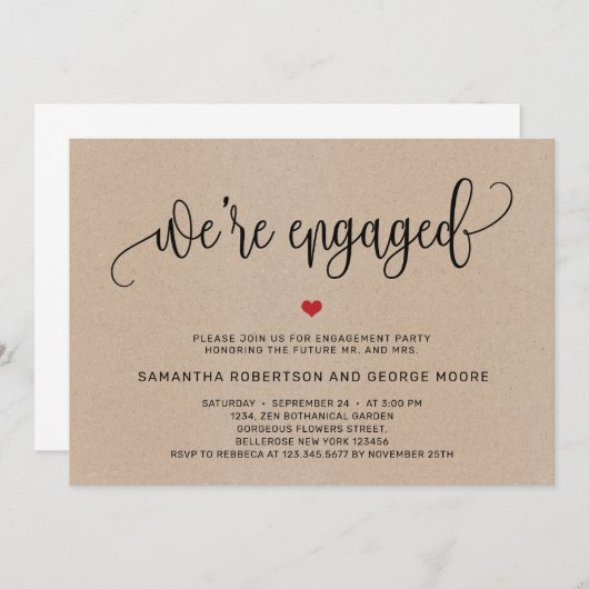 Invitation Rustique nous sommes engagés fiançailles papier kr (Devant / Derrière)