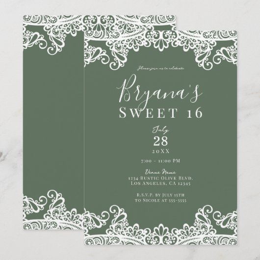 Invitation Rustique Olive & Blanc Dentelle Élégant Douce Fête (Devant / Derrière)